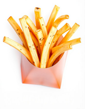 French fries in a box on a white background. Selective focus.