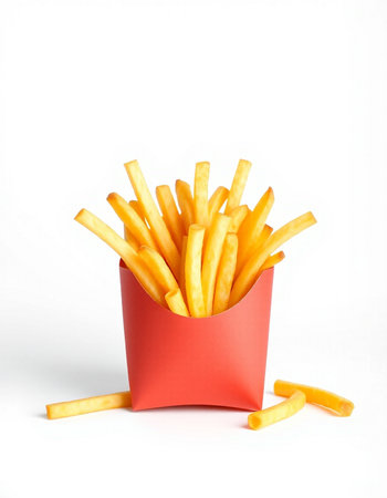 French fries in a red box on a white background, fast food