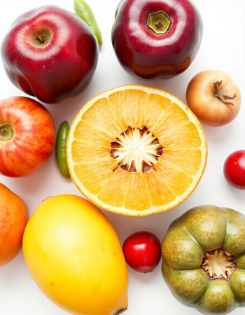 Fruits and vegetables isolated on white background. Top view. Flat lay pattern