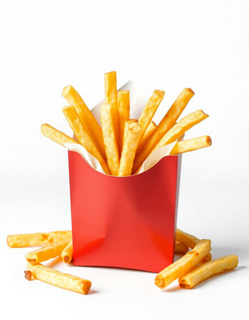 French fries in a red box on a white background. Fast food.