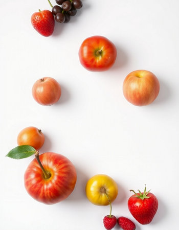 Fruits on white background. Flat lay, top view, copy space