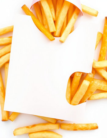 French fries with blank paper sheet on white background. Top view.の写真素材