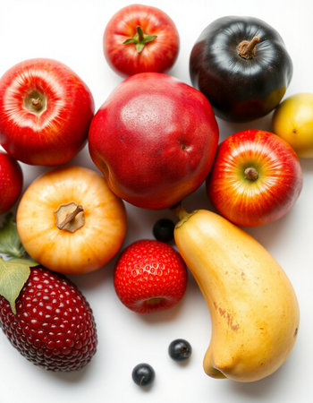 Fruits and vegetables isolated on a white background. Top view.の写真素材