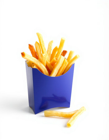 French fries in a blue box on a white background. Isolated