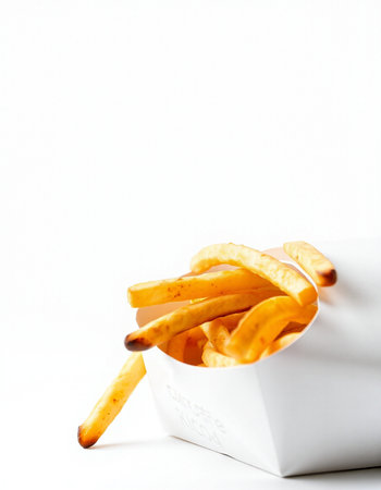 French fries in a white box on a white background. Selective focus.の写真素材