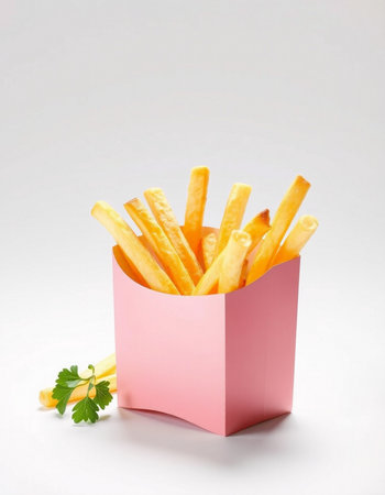 French fries in a pink box on a white background, close-upの写真素材