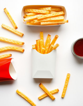 French fries in paper box and ketchup on white background, top viewの写真素材