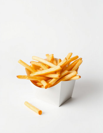 French fries in a white box on a white background, top viewの写真素材