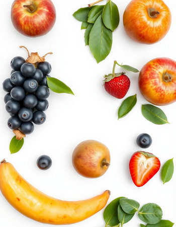 Fruits and berries on white background. Flat lay, top viewの写真素材
