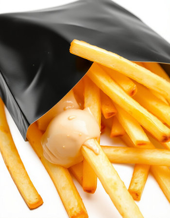 French fries with mayonnaise on a white background. Close up.