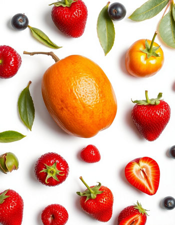 Fruit composition. Fresh fruits and berries on white background, top viewの写真素材