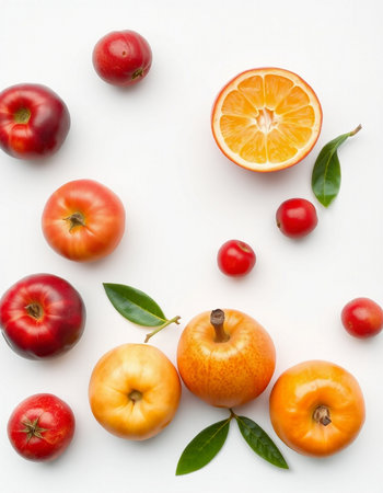 Fresh fruits on white background. Flat lay, top view, copy spaceの写真素材