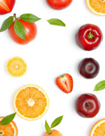 fresh fruits isolated on white background with copy space for your text. Top view. Flat lay pattern.の写真素材