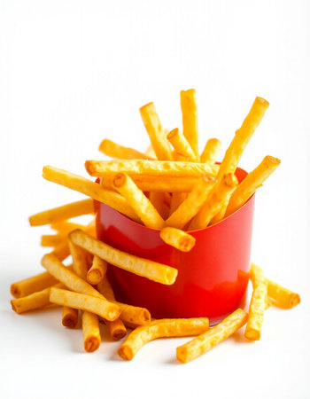 French fries in a red bowl on a white background. Selective focus.