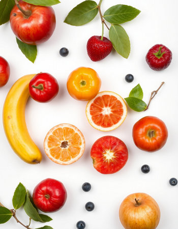 Fruits and berries on white background. Flat lay, top viewの写真素材