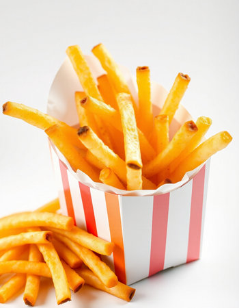 French fries in a paper box on a white background. Selective focus.