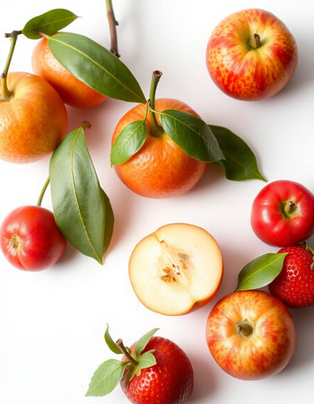 Fresh red apples with leaves on a white background. Top view.