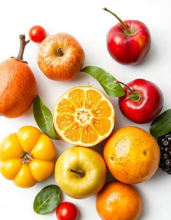 Fruits and vegetables isolated on a white background. Top view.の写真素材
