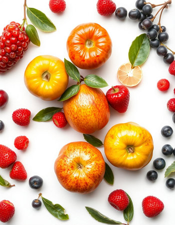 fruits and berries on a white background, top view, flat layの写真素材