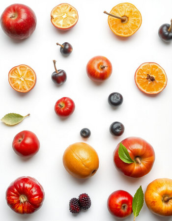 Fruits and berries on white background. Flat lay, top viewの写真素材