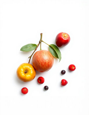 Fresh apples and berries on a white background. Healthy food concept.