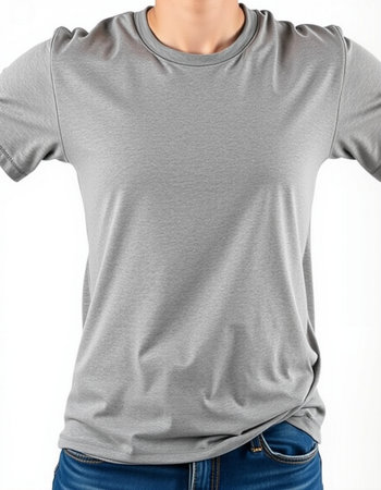 blank grey t-shirt on mannequin isolated on white backgroundの写真素材