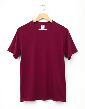 Red t-shirt on a hanger on a white background.の写真素材