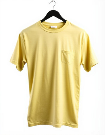 Yellow t-shirt on a hanger isolated on a white backgroundの写真素材