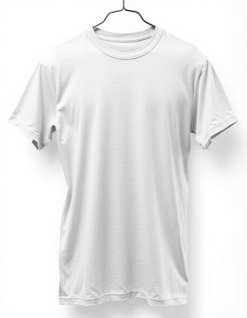 White t-shirt on a hanger on a white background.