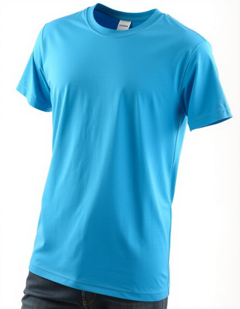 blue t-shirt on a mannequin on a white backgroundの写真素材