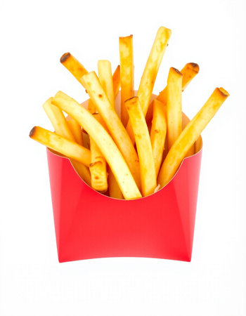 French fries in a red box isolated on white background with clipping path