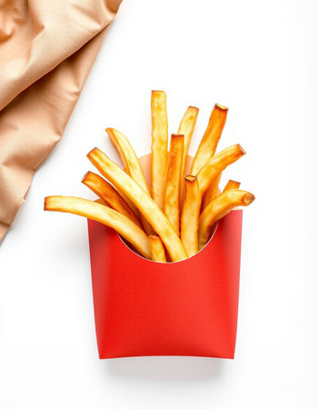 French fries in a red box on a white background, top view