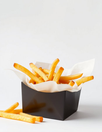 French fries in paper box on white background. Selective focus.