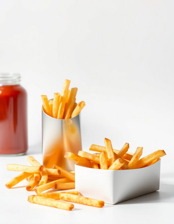 French fries with tomato sauce on a white background. Copy space.