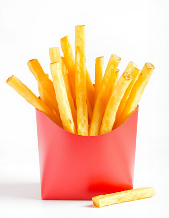 French fries in red box isolated on white background. Selective focus.