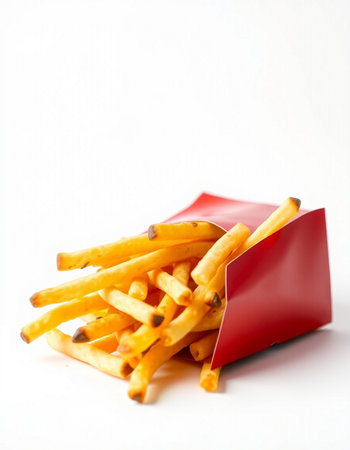 French fries in a red box on a white background. Selective focus.