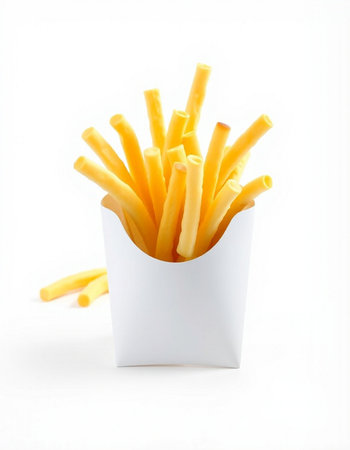 French fries in a white paper box on a white background, isolated