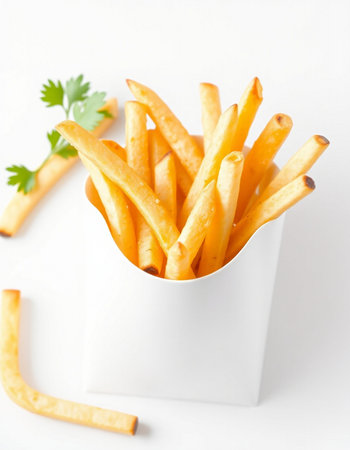 French fries in a white box on a white background, selective focus