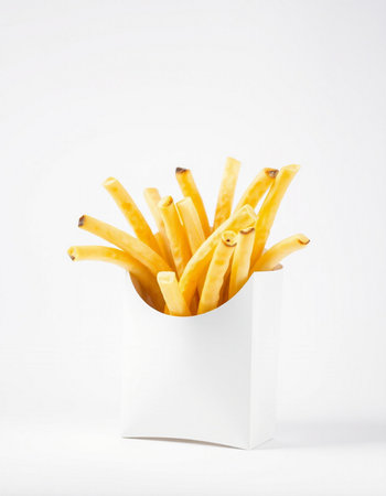 French fries in a white box on a white background. Isolated