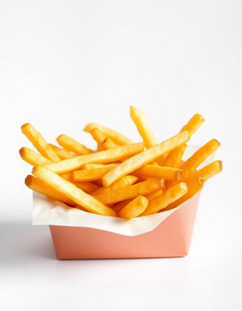 French fries in paper box on white background. Selective focus.