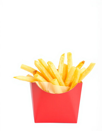 French fries in red box isolated on white background. Fast food.