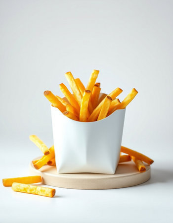 French fries in a white bowl on a white background. Selective focus.