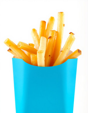 French fries in blue paper box isolated on white background. Close up.の写真素材