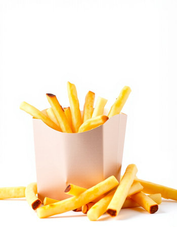 French fries in a paper box on a white background. Selective focus.