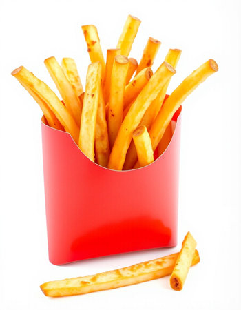 French fries in a red box on a white background, isolated.