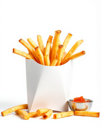 French fries with ketchup on a white background. Fast food.