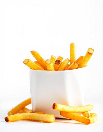 French fries in white bowl on white background. Selective focus.の写真素材