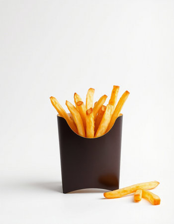 French fries in a black box on a white background, fast food