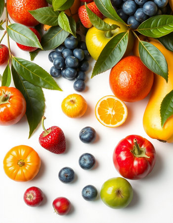 Fresh fruits and berries on white background, top view. Healthy food