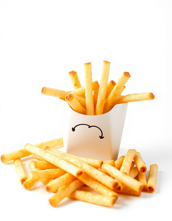 French fries with a smiley face on a white background, isolatedの写真素材
